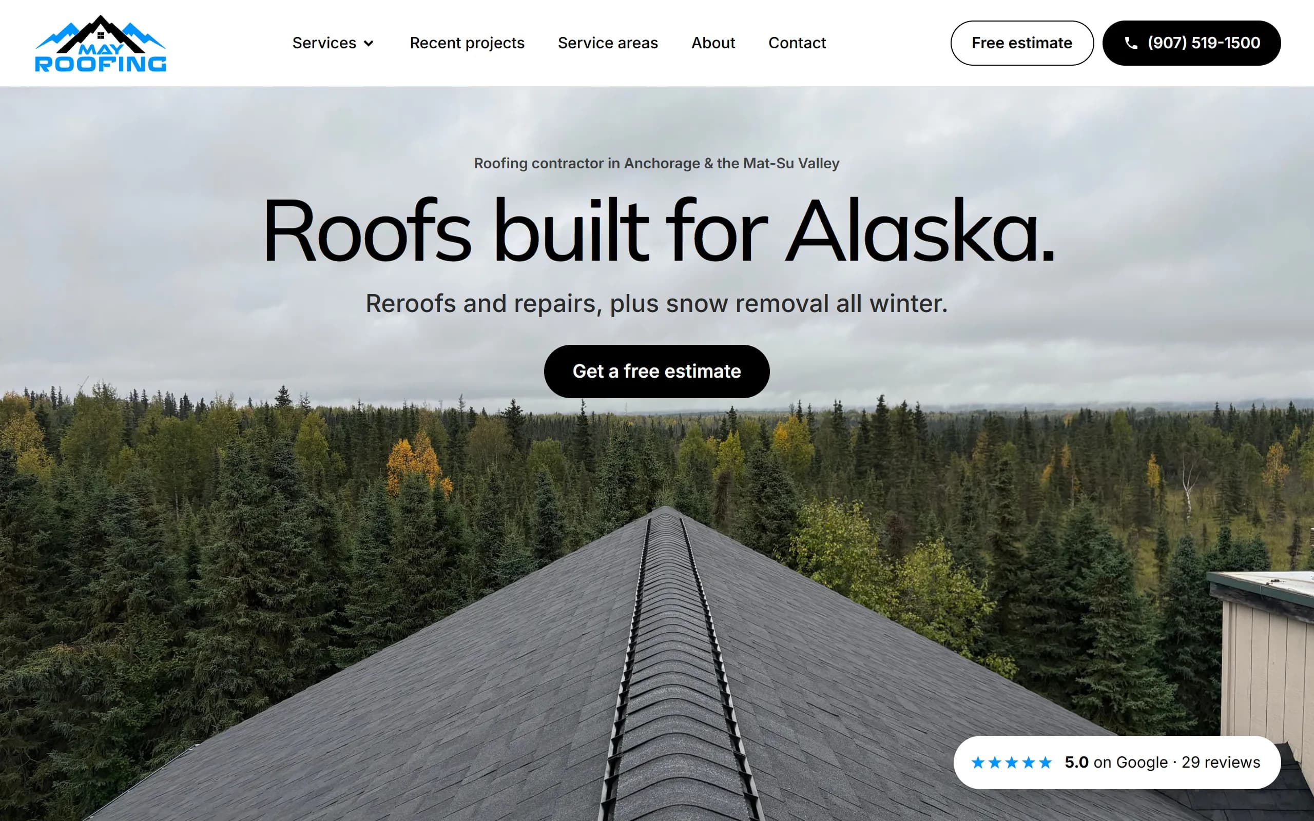 The May Roofing homepage: a roof ridge above spruce forest under the headline Roofs built for Alaska