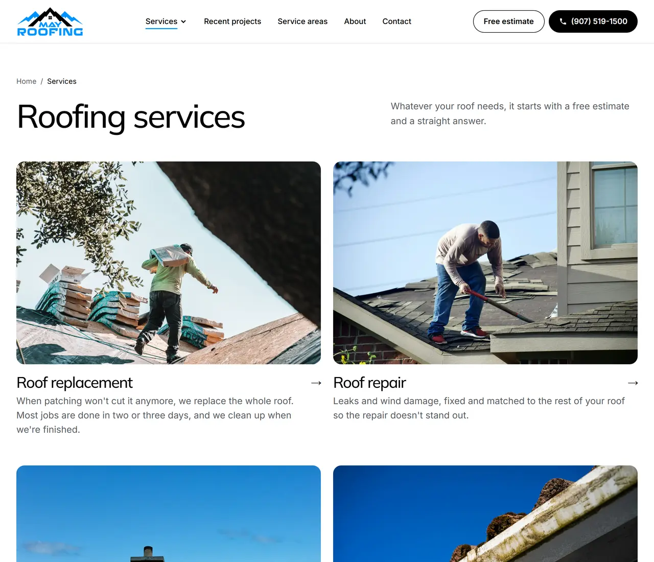 May Roofing's services page