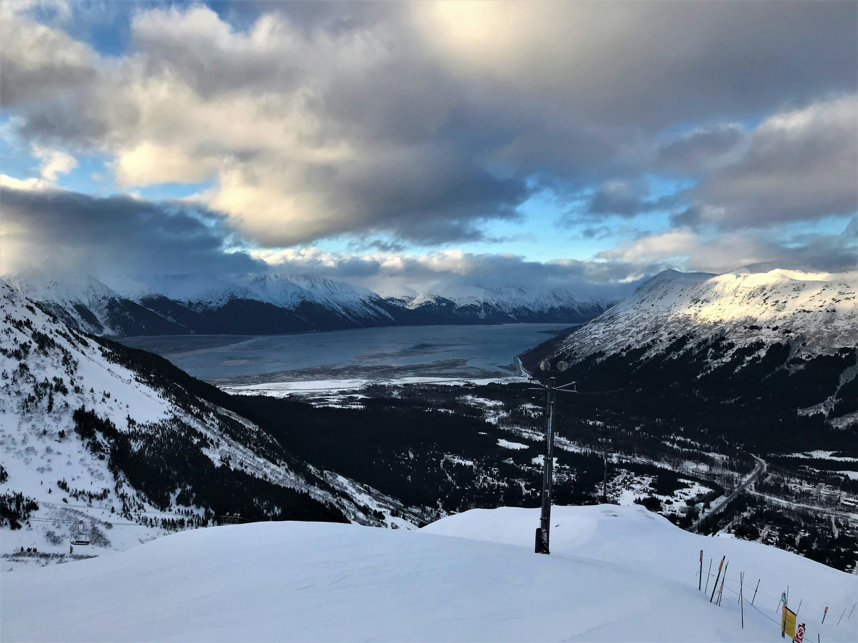 Snow-covered mountains above Turnagain Arm, near Girdwood, Alaska